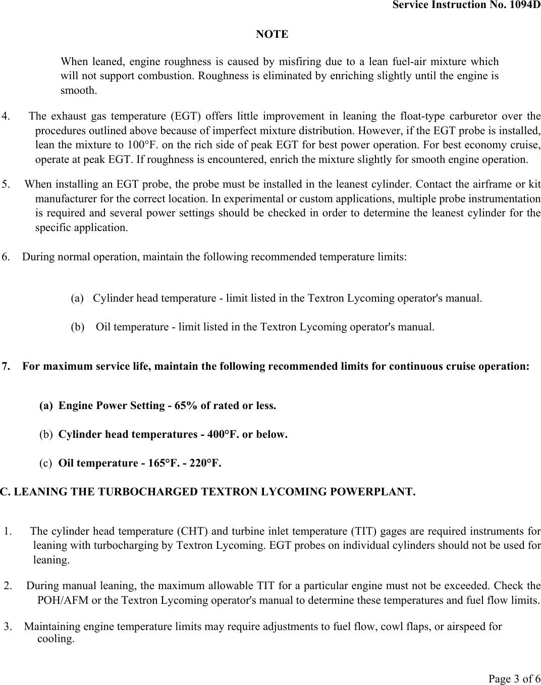 Page 3 of 6 - Lycoming Service Bulletin On Leaning Procedures SI1094D