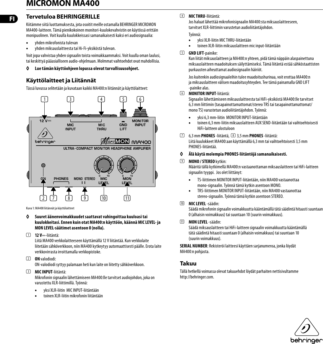 MICROMON MA400 Behringer User Manual (Finnish) M FI