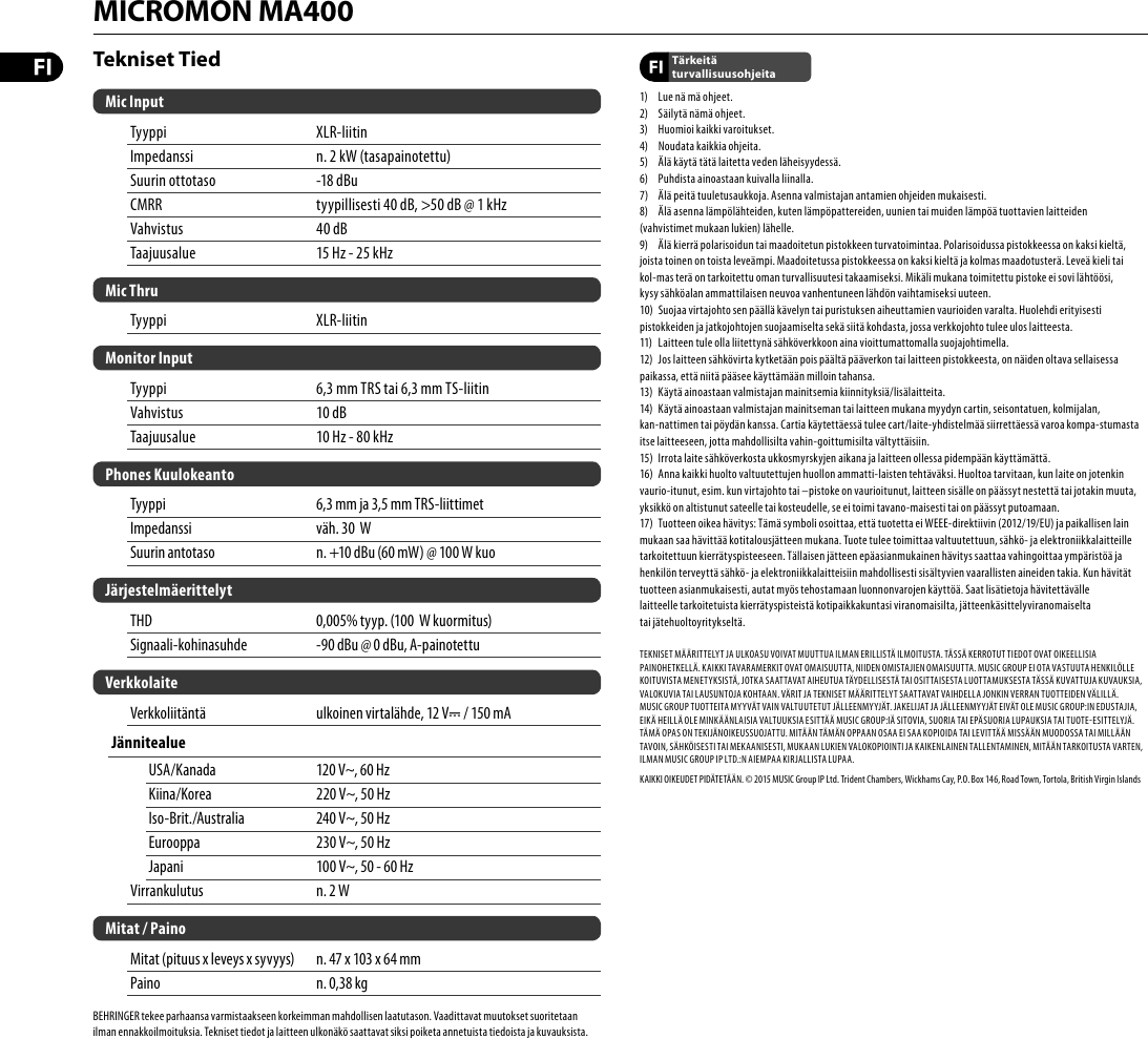 Page 2 of 2 - MICROMON MA400 Behringer User Manual (Finnish) M FI