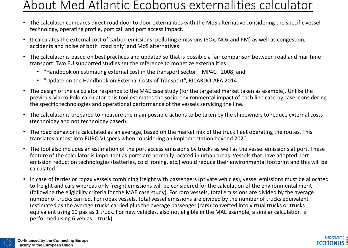 Page 2 of 10 - MED ATLANTIC ECOBONUS MAE EXTERNAL COST CALCULATOR TOOL V10 2 User Manual