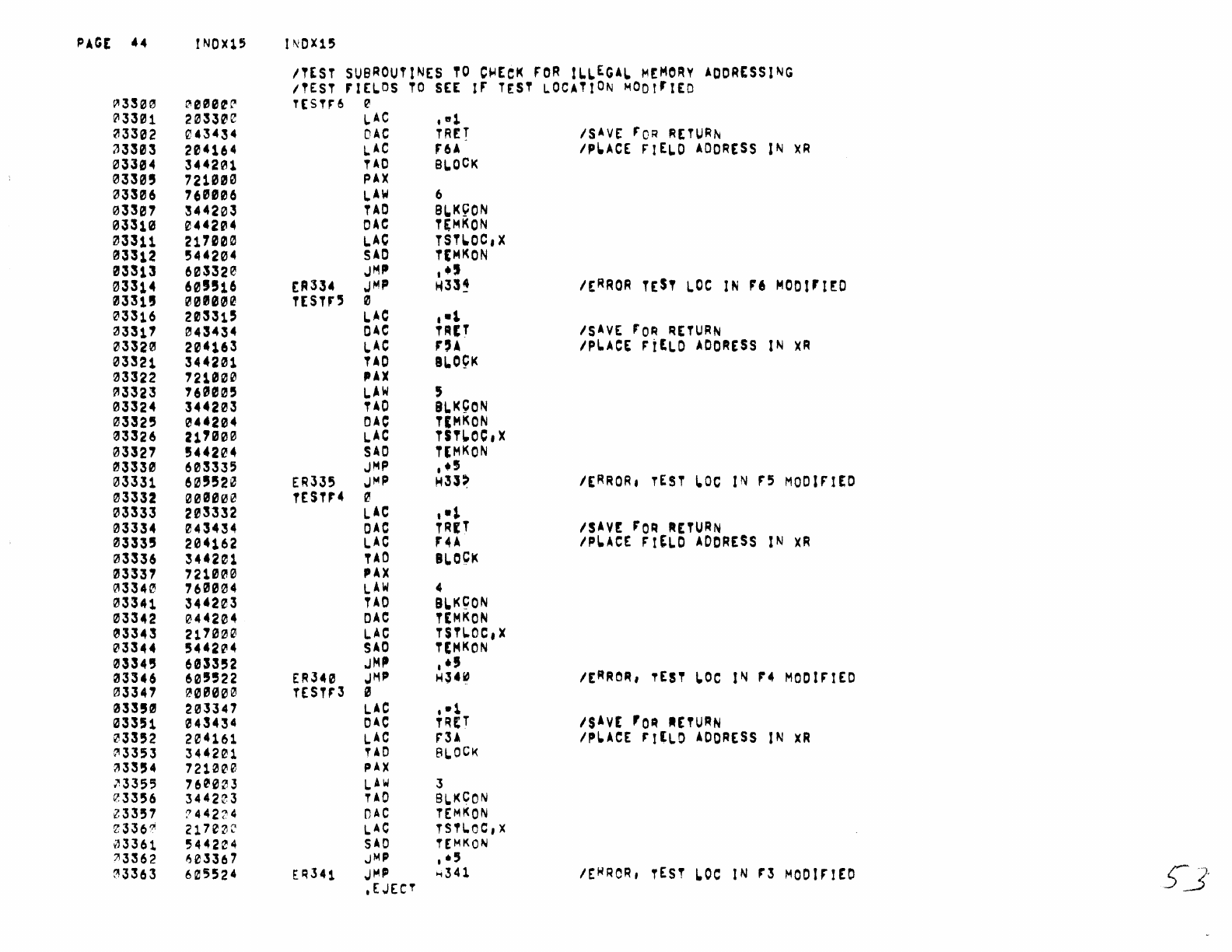 
CO~STANTS
03213
11'000
JMS
TSTI.OC,X
IXCT
TEST
P~OGR4M
IN
R[SIOENT
rlt~D
~3274
621"12
ER332
JMP
~332
IOAC
JNorX!O
TO
re
rAII.ED
~3215
60"14
ER333
JMP
1of333
ITAD
INDrXEO
TO
r0
'AILED
,.-/'1
~32?6
121
4023
JMS
DONE
.....
<.f-
~32?7
603435 JM'
TSTOP
.EJECT
![