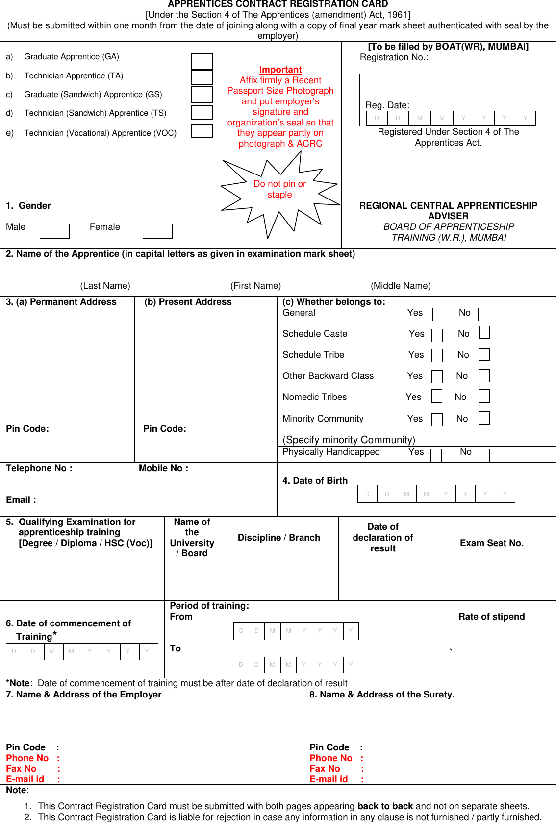 Page 1 of 2 - APPRENTICES CONTRACT REGISTRATION CARD MANUAL SUBMISSION Apprentice Blank Form