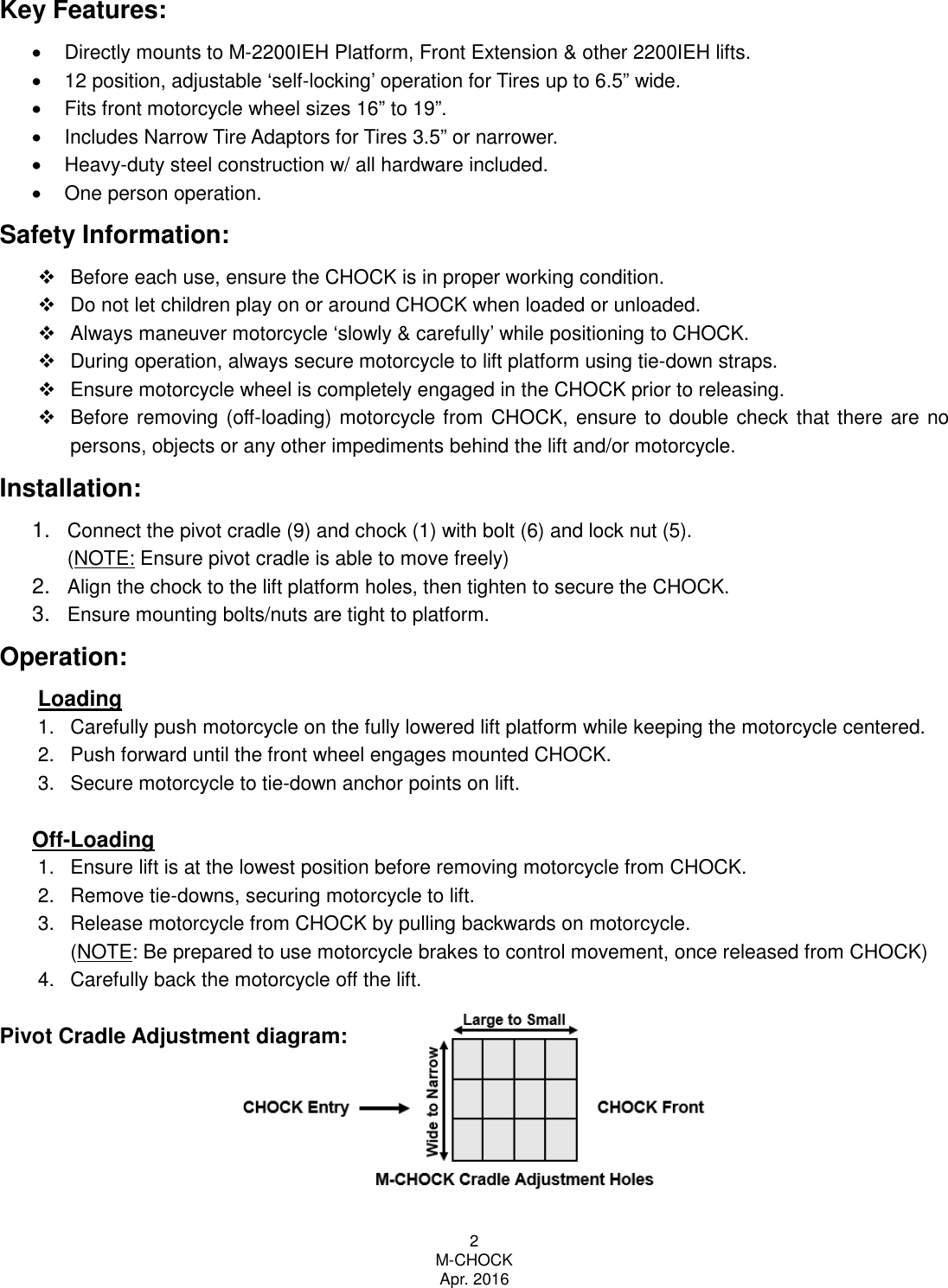Page 2 of 4 - Self Locking, Cycle Wheel Chock Manual - CT Rev 4-12-16 M-CHOCK