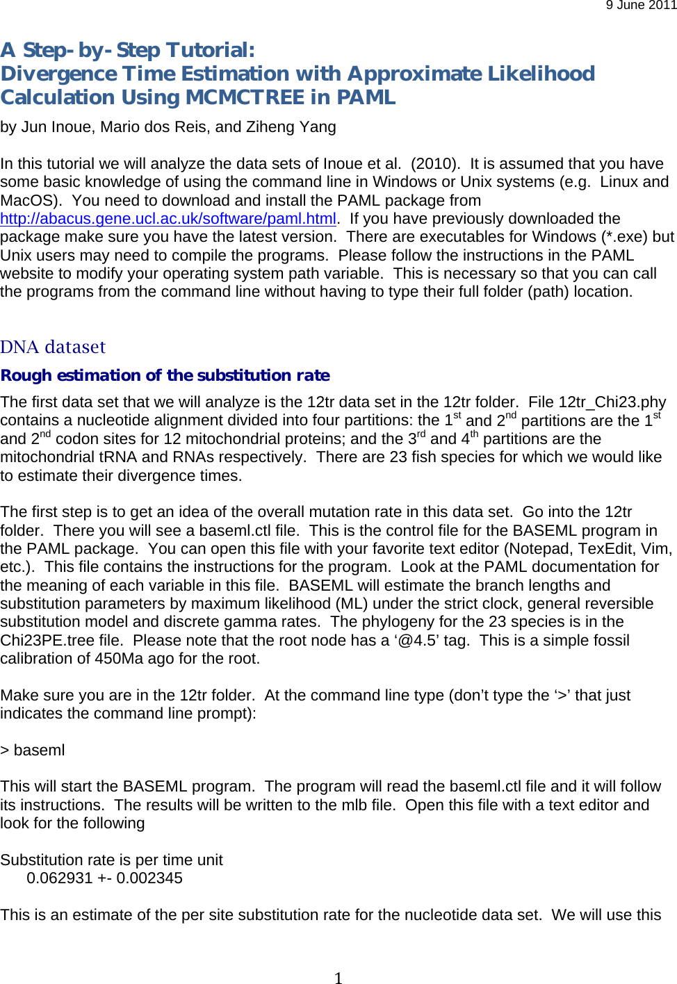 Page 1 of 6 - 15 May 2011 MCMCtree Step By Manual