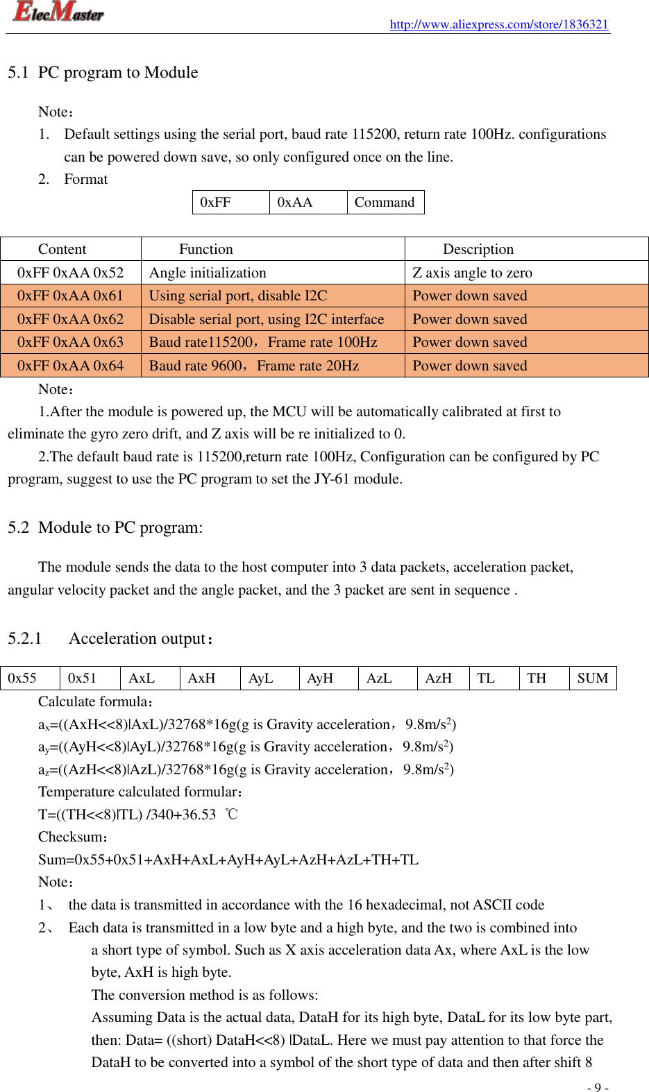 Jy61 Mpu6050 Data Format