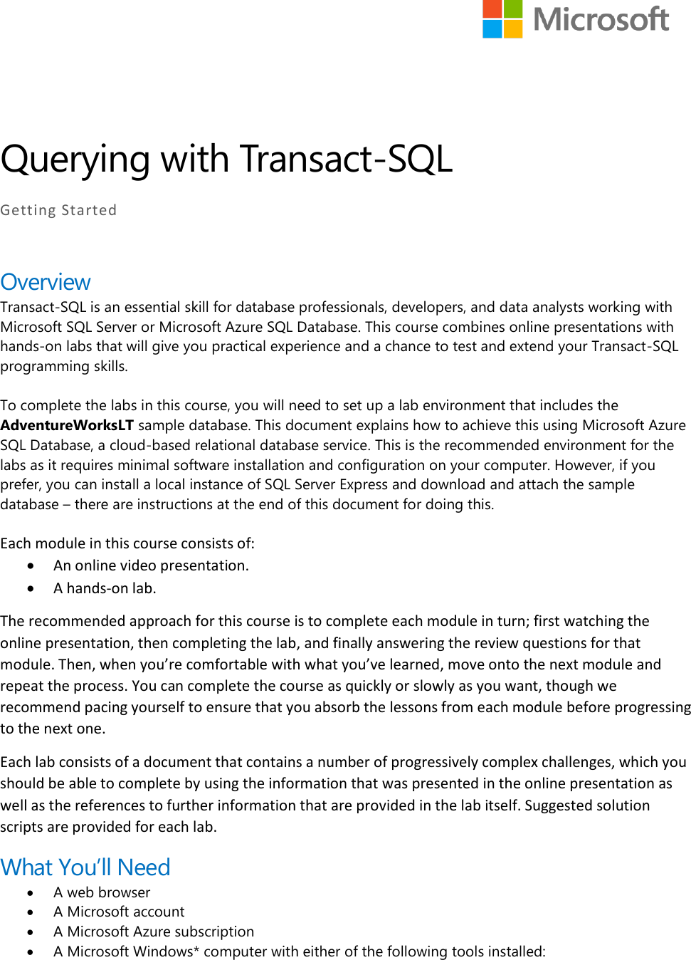 Page 1 of 11 - Getting Started With Transact-SQL Labs MVA Setup Guide