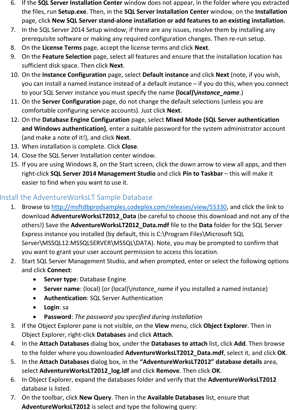 Page 10 of 11 - Getting Started With Transact-SQL Labs MVA Setup Guide