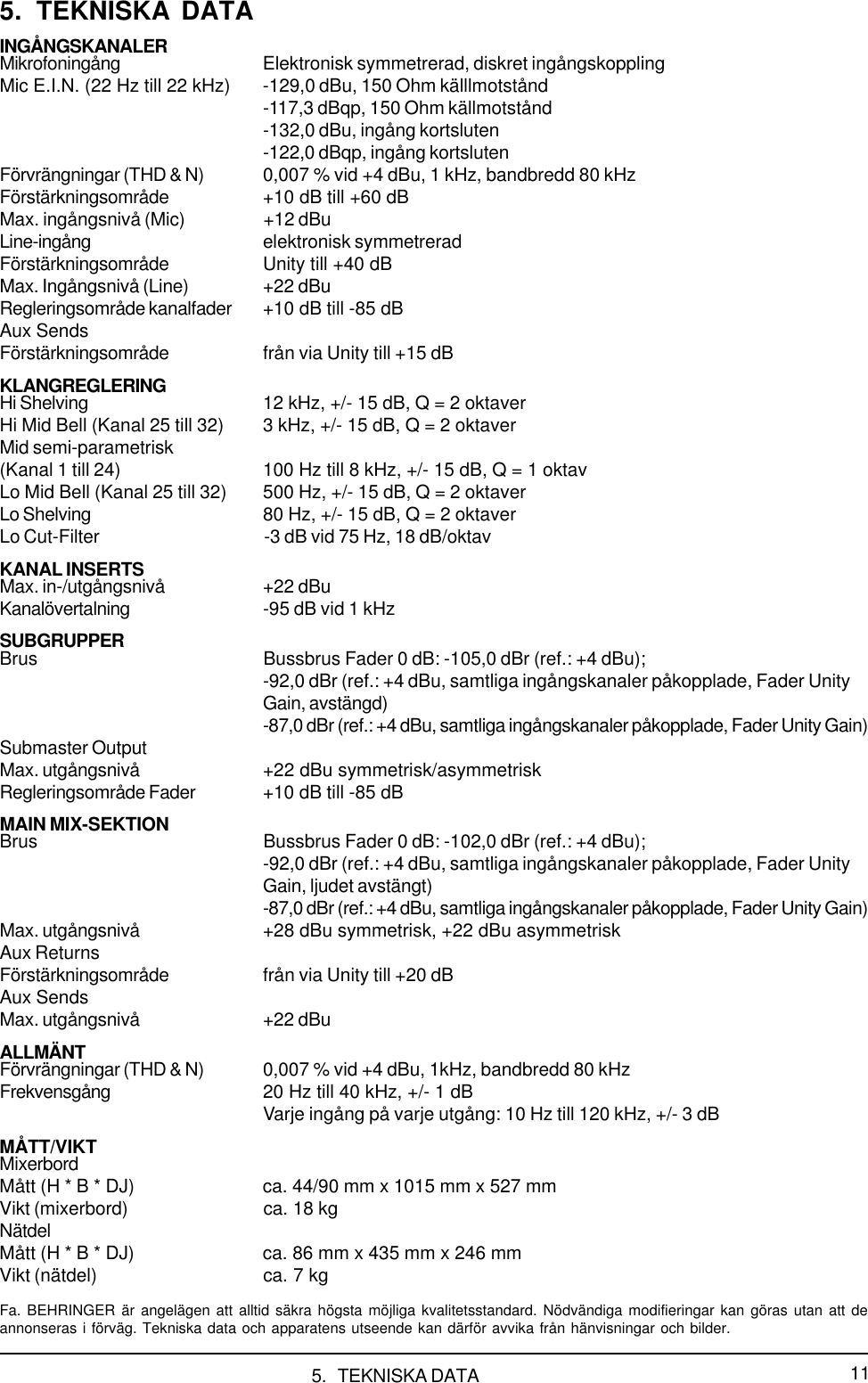 Page 11 of 11 - EURODESK MX3282A Behringer User Manual (Swedish) P0029 M SV