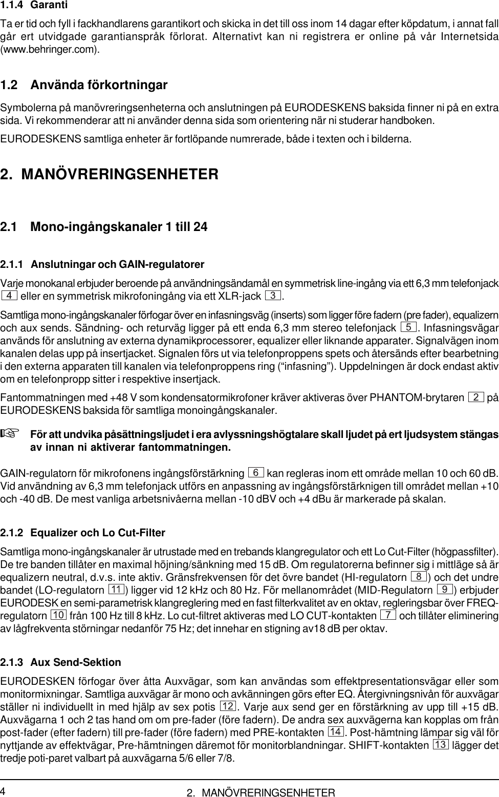 Page 4 of 11 - EURODESK MX3282A Behringer User Manual (Swedish) P0029 M SV