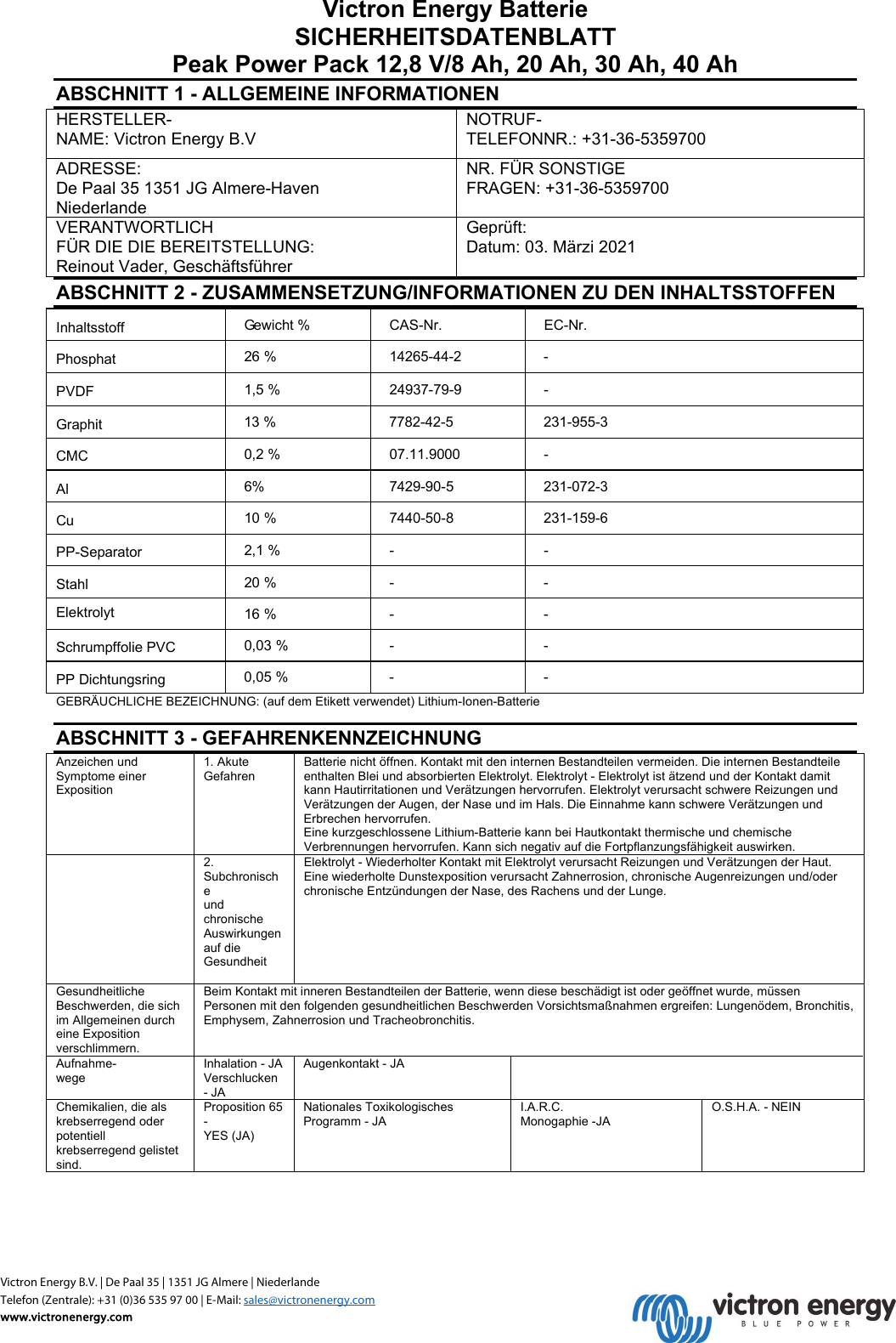 Victron Energy Battery Material Safety Data Sheet Peak Power Pack DE