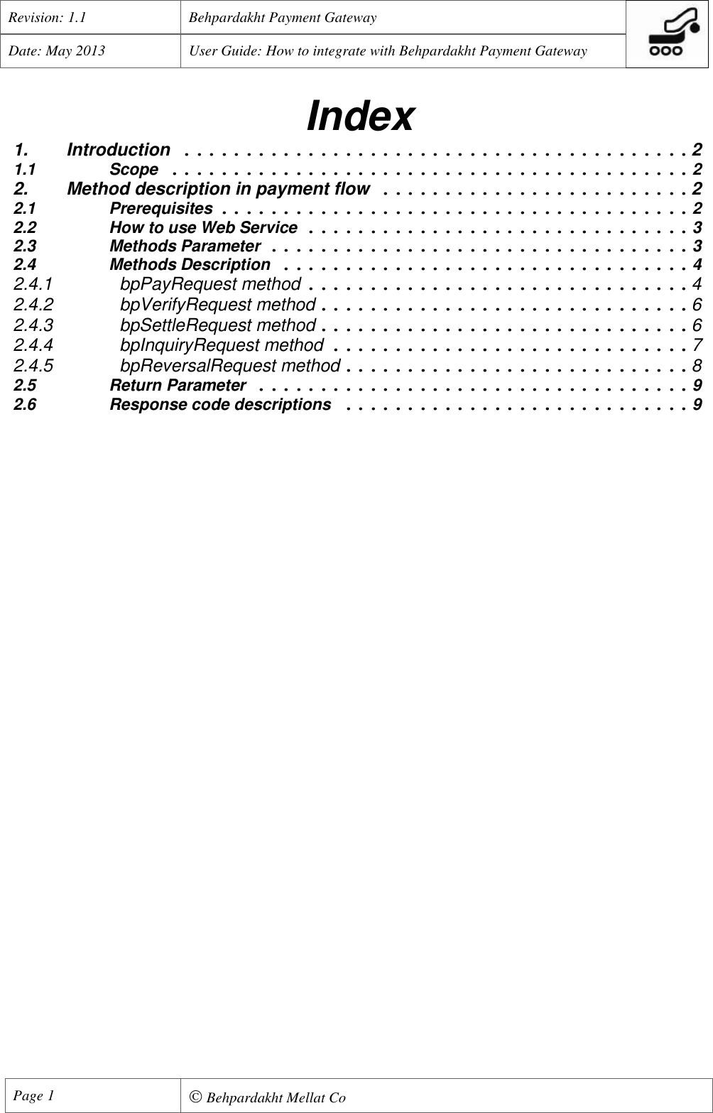 Page 2 of 11 - Behpardakht Mellat - Payment Gateway PGW User Manual English Ver 1.1