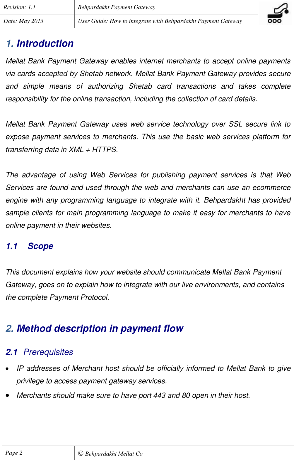 Page 3 of 11 - Behpardakht Mellat - Payment Gateway PGW User Manual English Ver 1.1