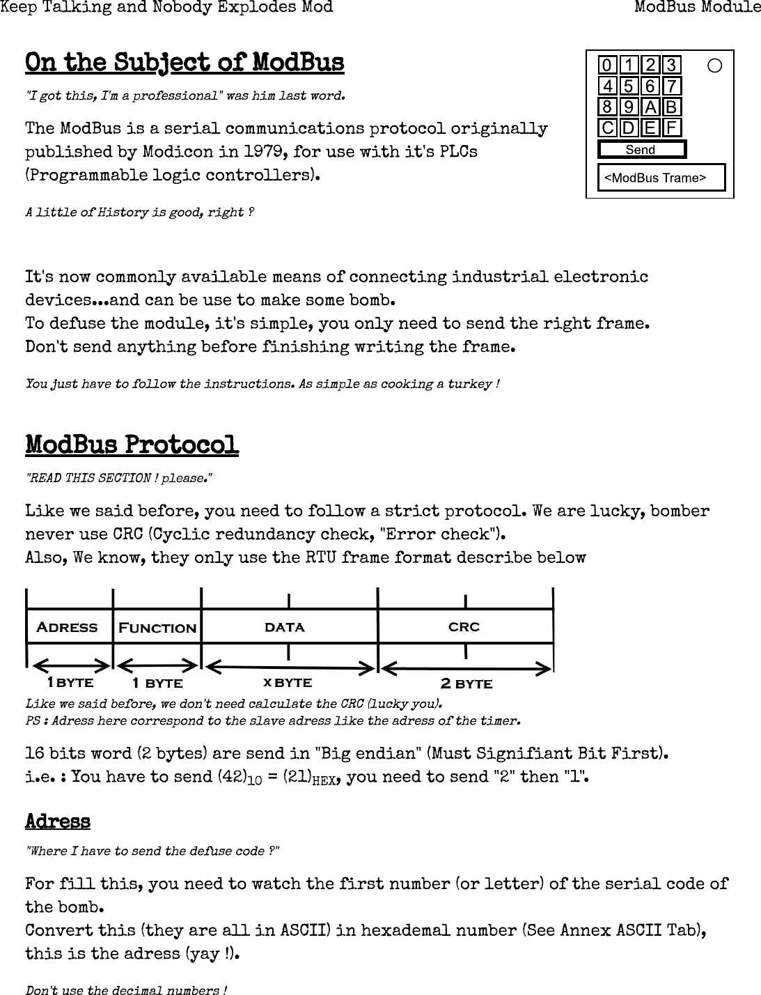 Page 1 of 5 - ModBus Module â•ﬂ Keep Talking And Nobody Explodes Mod Bus Manual PDF V1.0