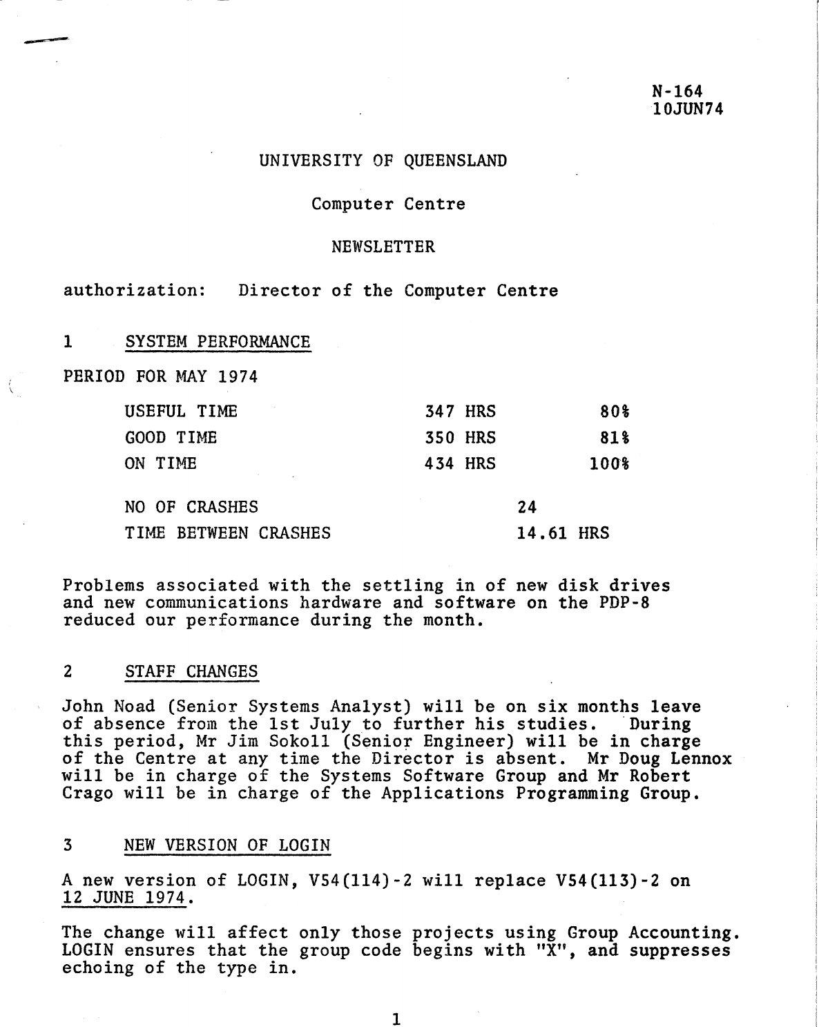 Page 1 of 3 - N-164 University Of Queensland Computer Centre Newsletter 10 Jun 74