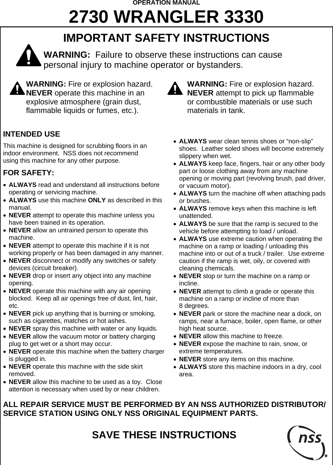 Page 1 of 12 - 9093317 Wrangler 2730-3330 Rev B NSS-Wrangler-3330-Manual