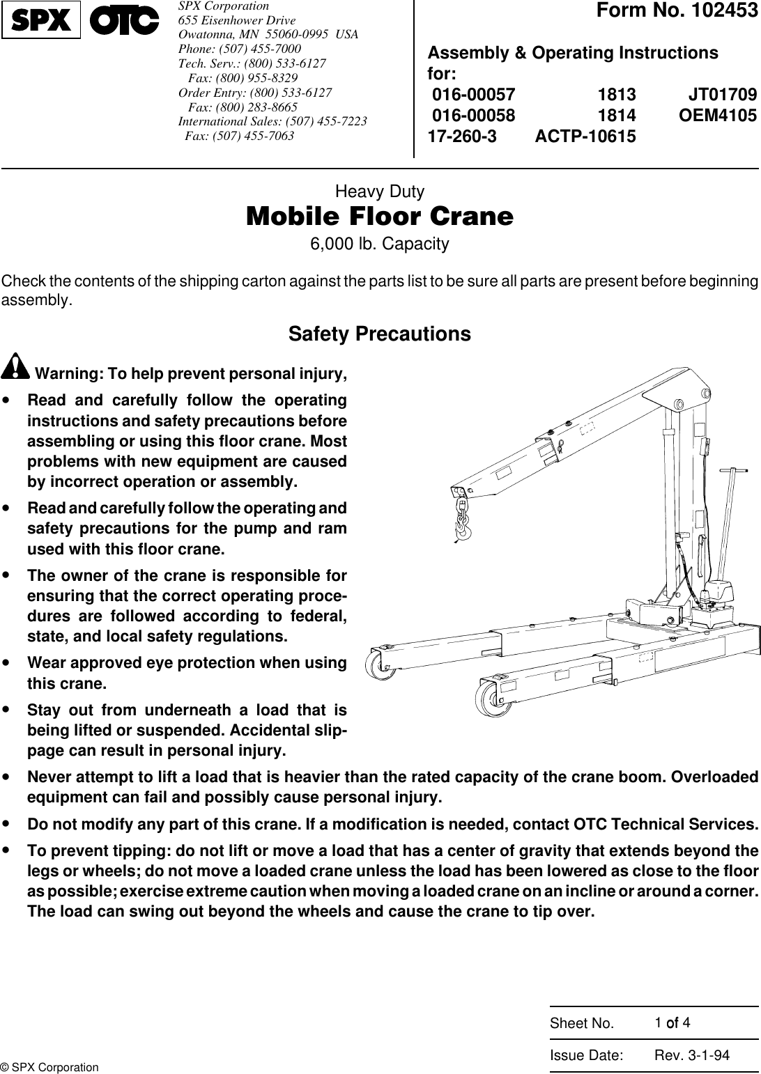 102453 OTC 1213 1214 Crane Manual
