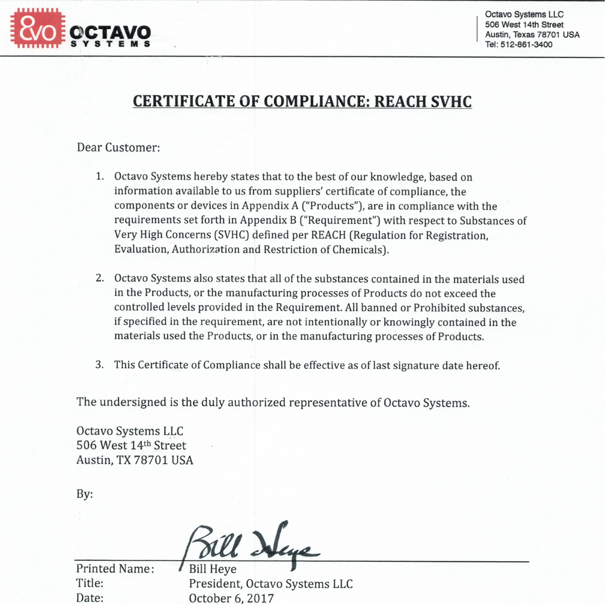 REACH SVHC Compliance Certificate 102017 Signed Octavo Systems