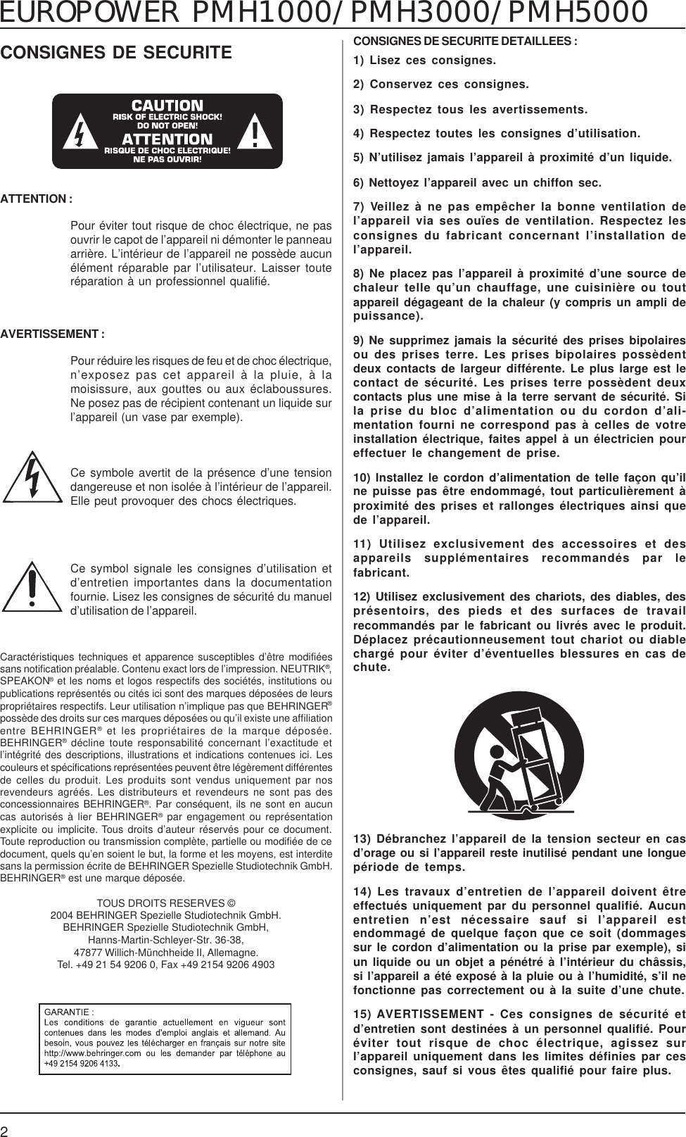 Page 2 of 12 - Behringer PMH1000 User Manual (French) P0115 M FR