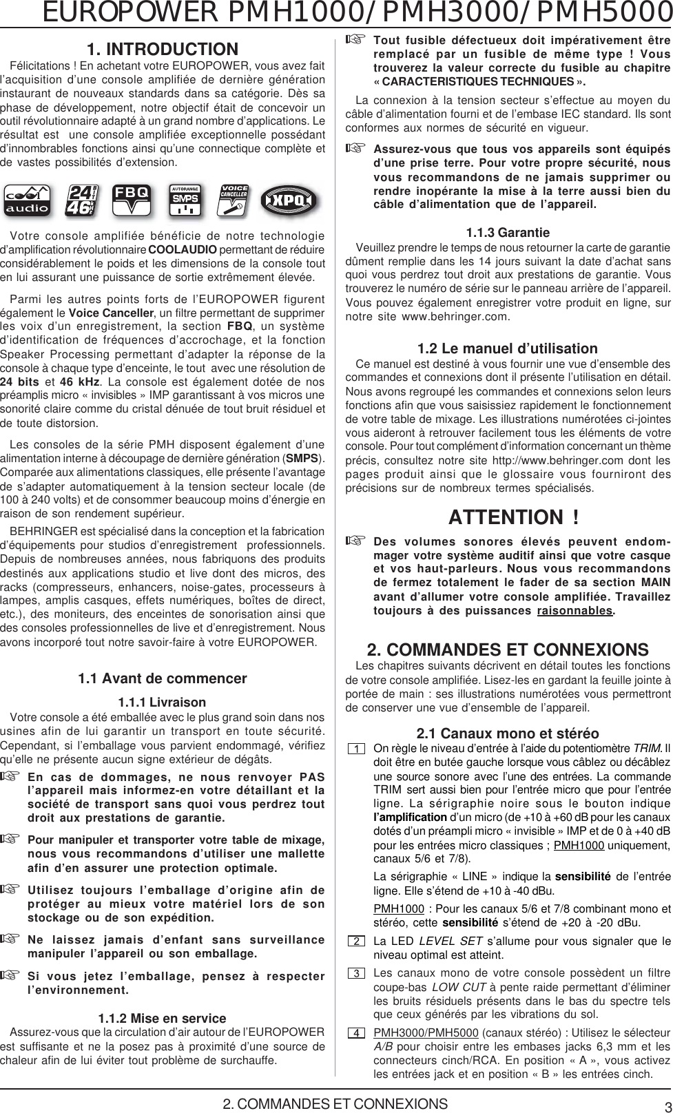 Page 3 of 12 - Behringer PMH1000 User Manual (French) P0115 M FR