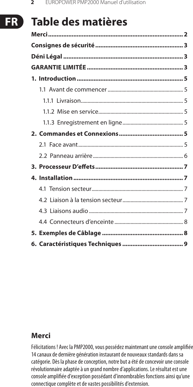 Page 2 of 11 - EUROPOWER PMP2000 Behringer User Manual (French) P0611 M FR