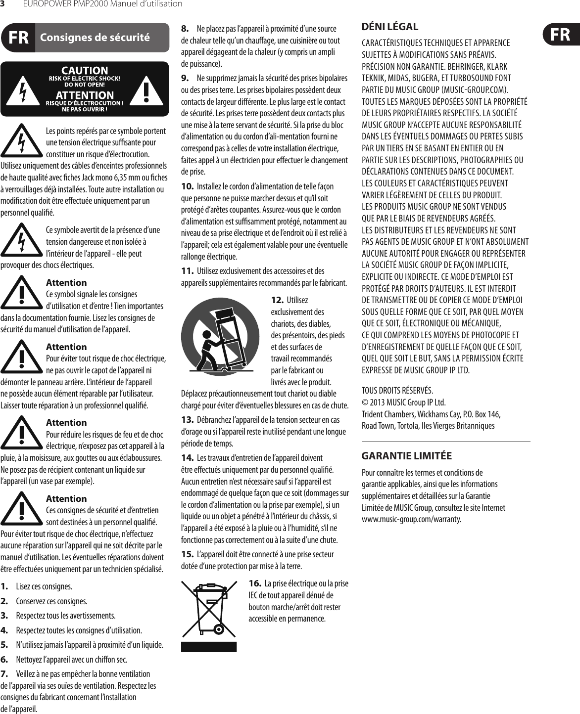 Page 3 of 11 - EUROPOWER PMP2000 Behringer User Manual (French) P0611 M FR