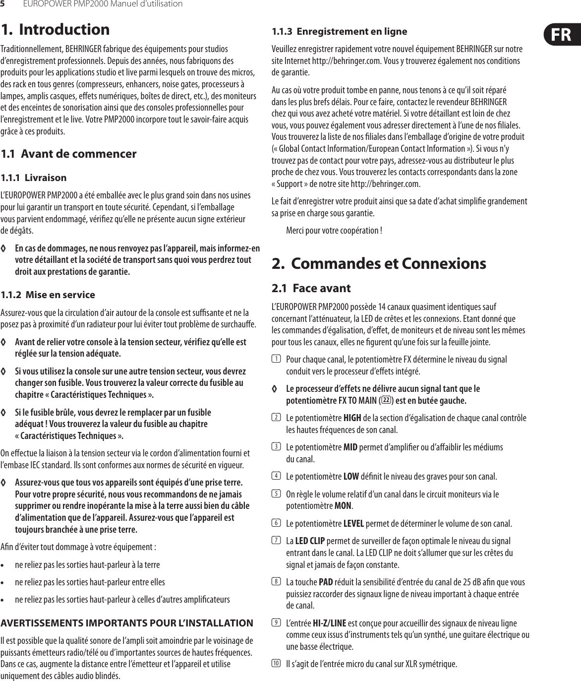 Page 5 of 11 - EUROPOWER PMP2000 Behringer User Manual (French) P0611 M FR