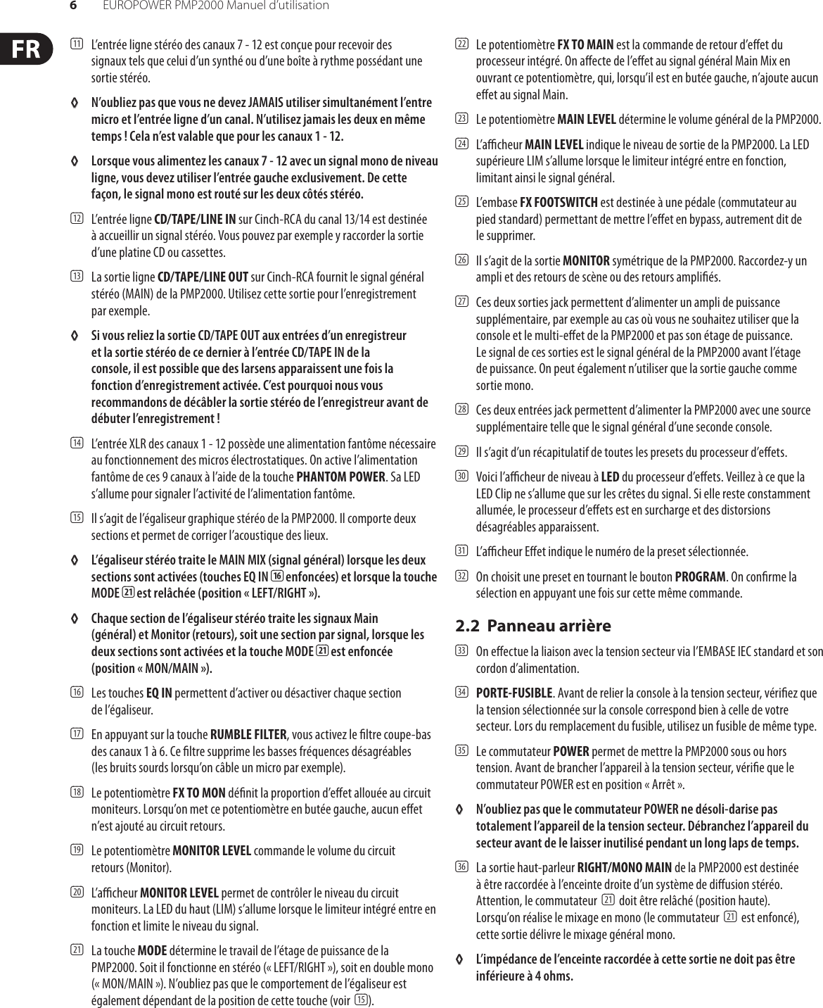 Page 6 of 11 - EUROPOWER PMP2000 Behringer User Manual (French) P0611 M FR