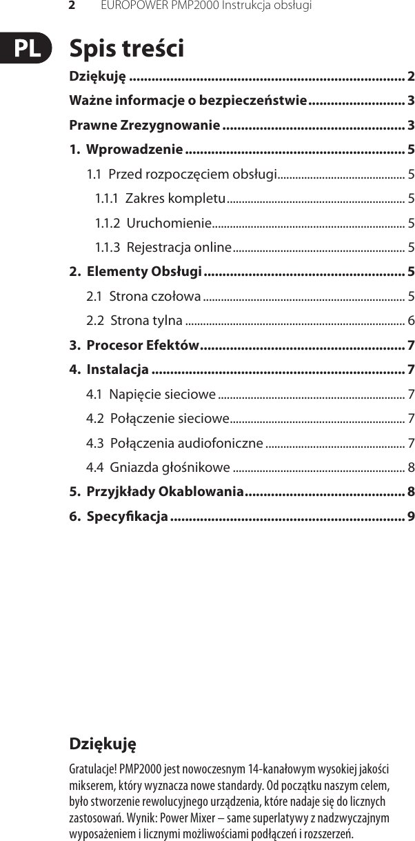 Page 2 of 11 - EUROPOWER PMP2000 Behringer User Manual (Polish) P0611 M PL