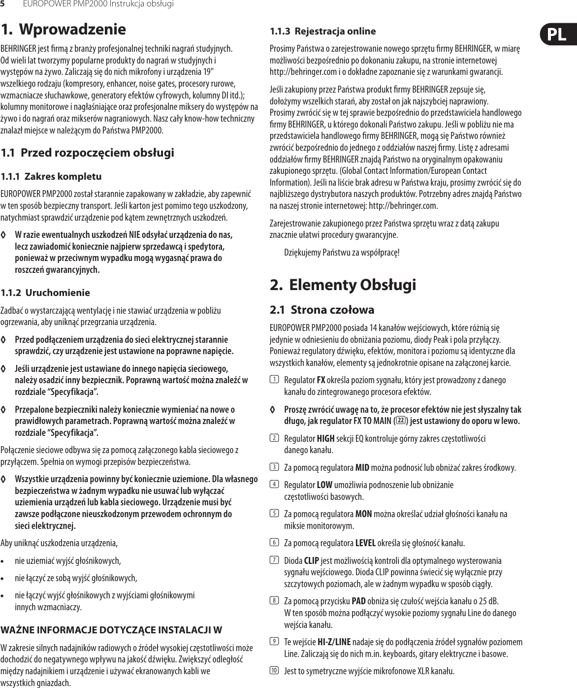 Page 5 of 11 - EUROPOWER PMP2000 Behringer User Manual (Polish) P0611 M PL