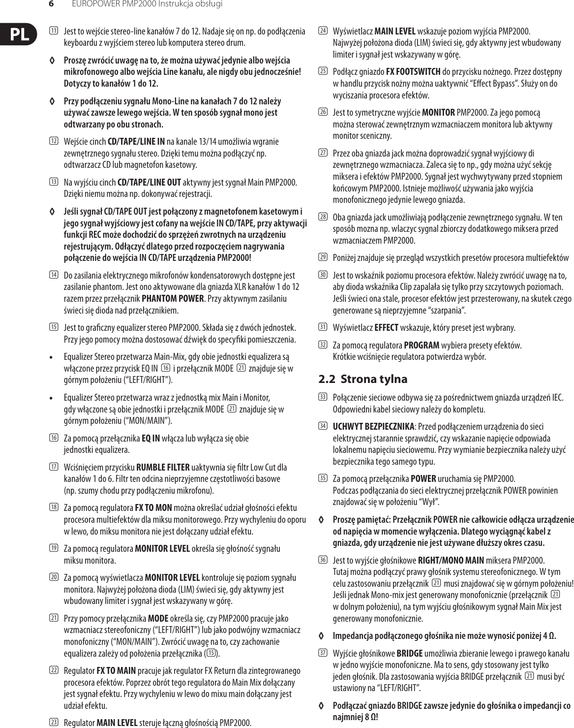 Page 6 of 11 - EUROPOWER PMP2000 Behringer User Manual (Polish) P0611 M PL