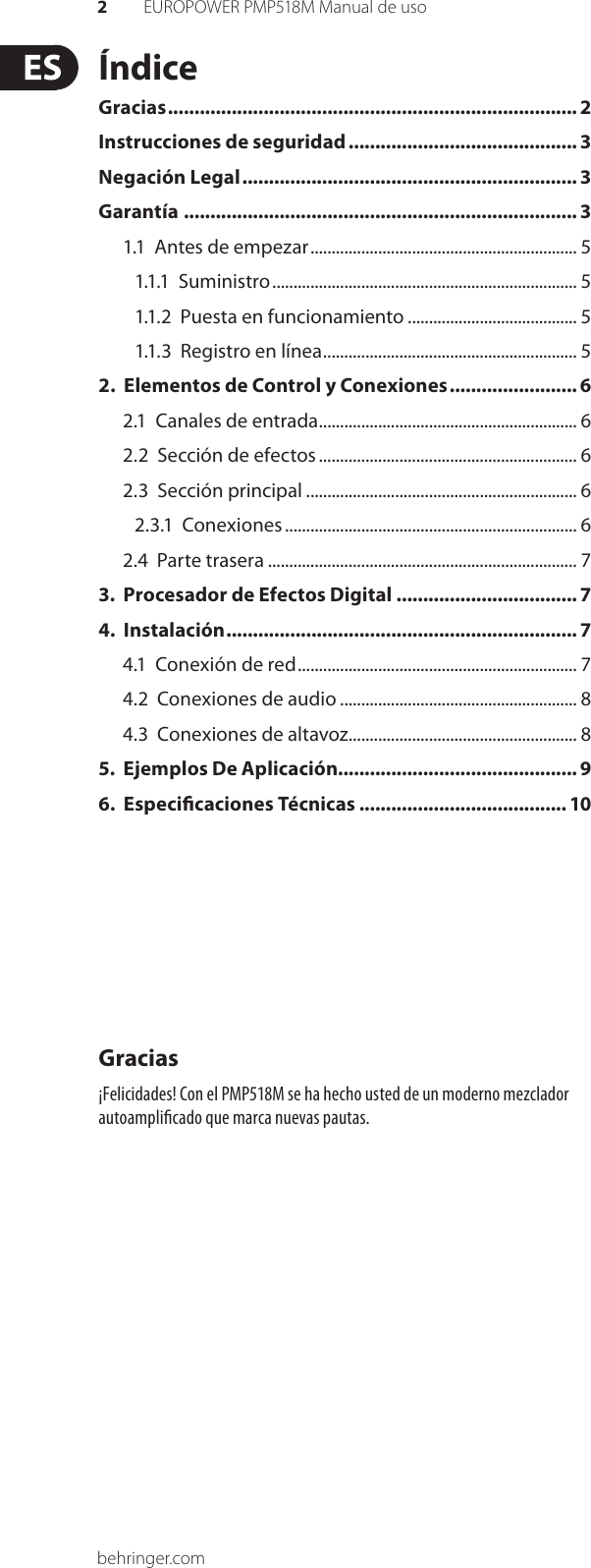 Page 2 of 11 - EUROPOWER PMP518M Behringer User Manual (Spanish) P0672 M ES