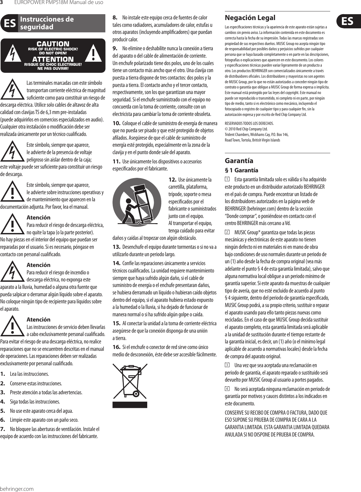 Page 3 of 11 - EUROPOWER PMP518M Behringer User Manual (Spanish) P0672 M ES