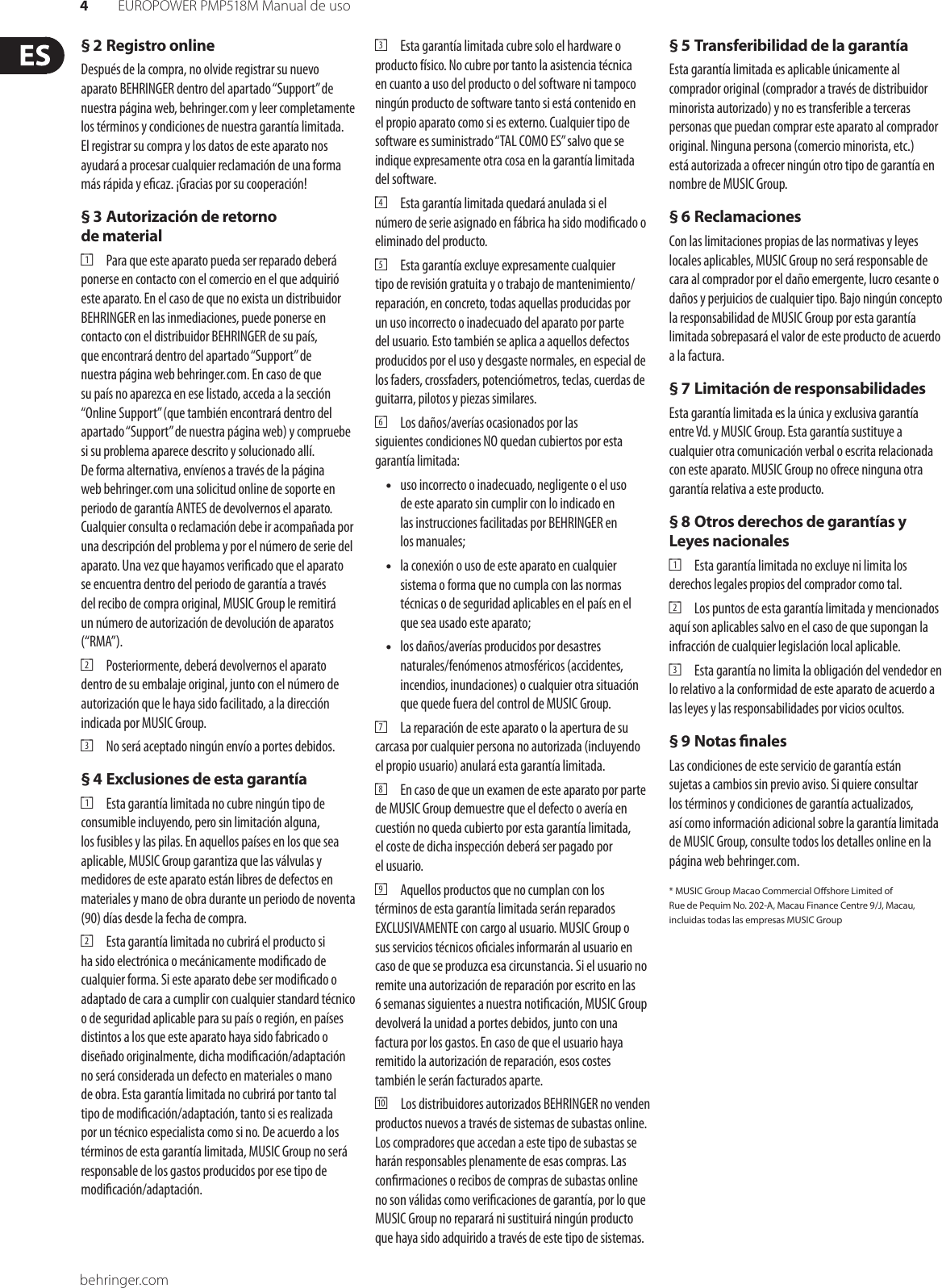 Page 4 of 11 - EUROPOWER PMP518M Behringer User Manual (Spanish) P0672 M ES