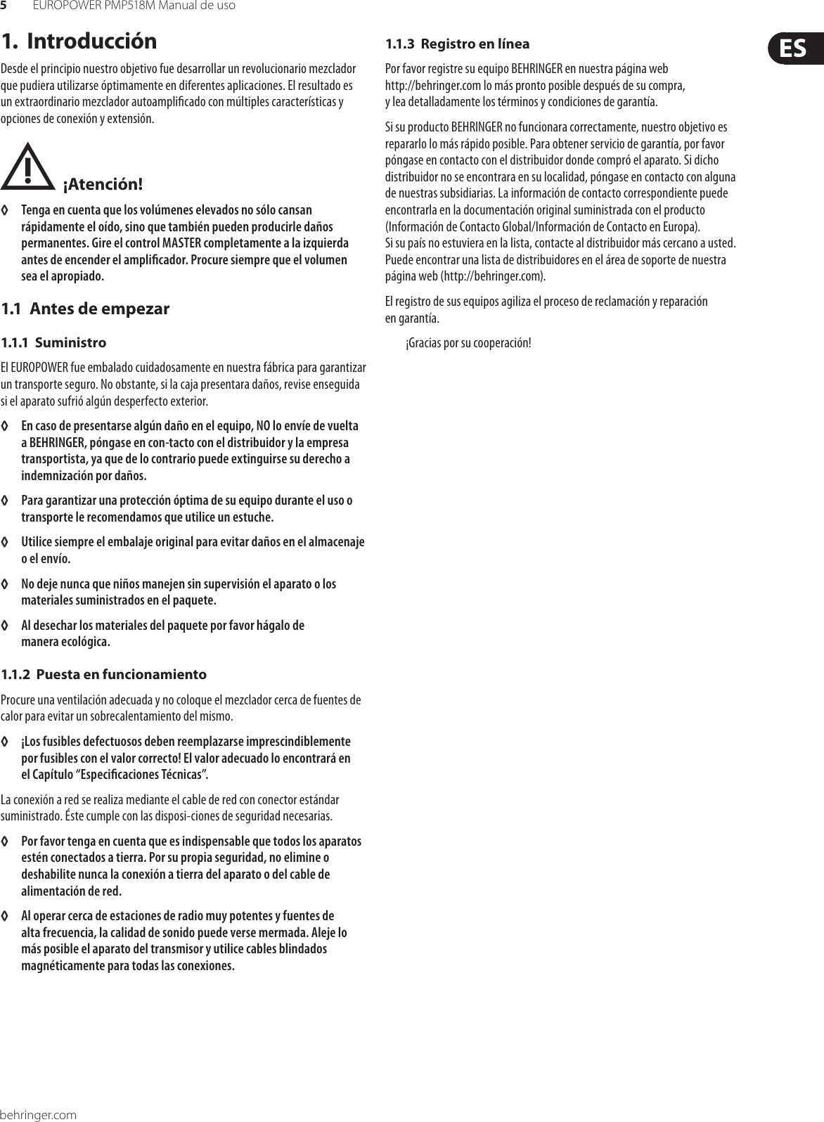 Page 5 of 11 - EUROPOWER PMP518M Behringer User Manual (Spanish) P0672 M ES