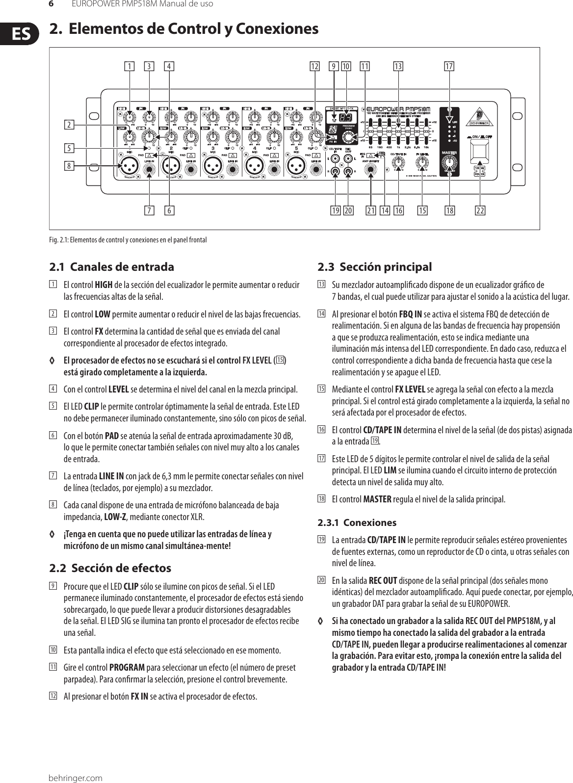 Page 6 of 11 - EUROPOWER PMP518M Behringer User Manual (Spanish) P0672 M ES