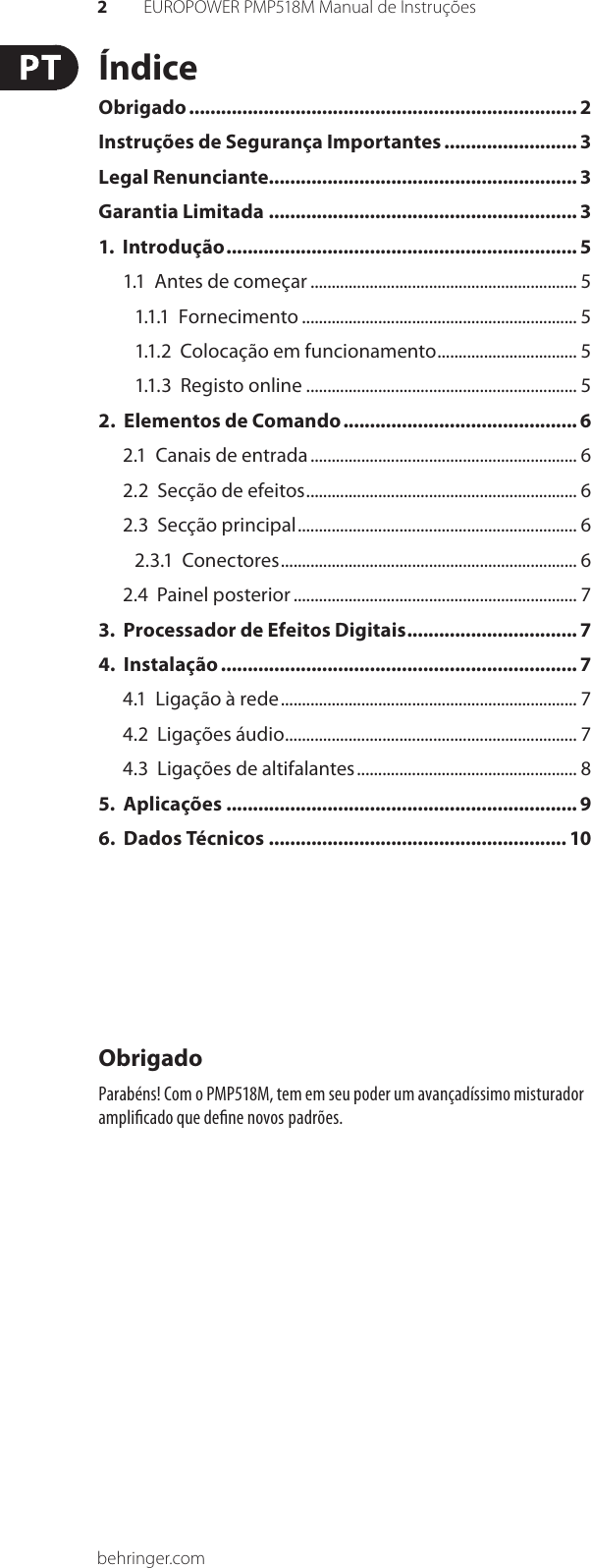 Page 2 of 11 - EUROPOWER PMP518M Behringer User Manual (Portuguese) P0672 M PT