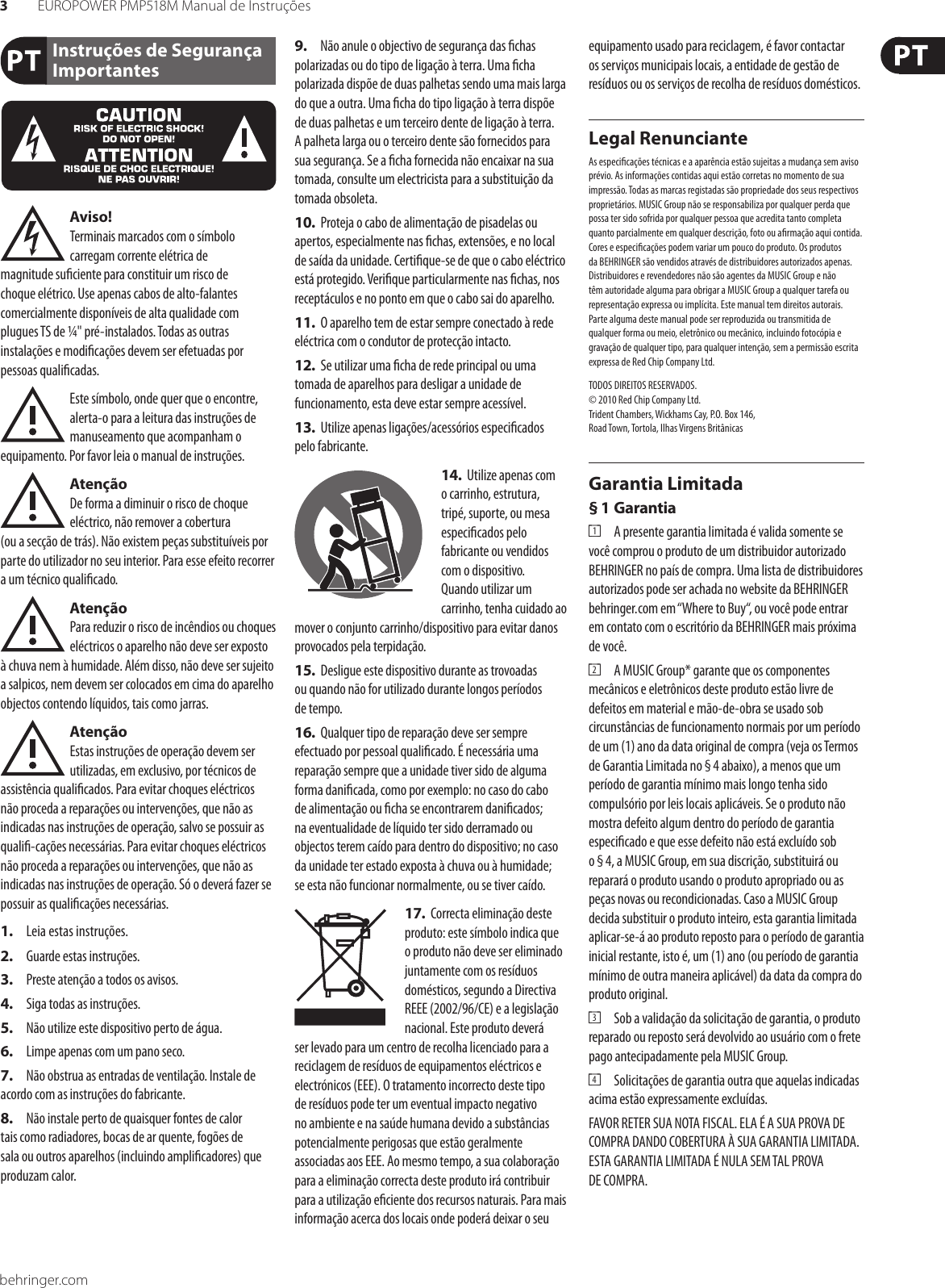 Page 3 of 11 - EUROPOWER PMP518M Behringer User Manual (Portuguese) P0672 M PT