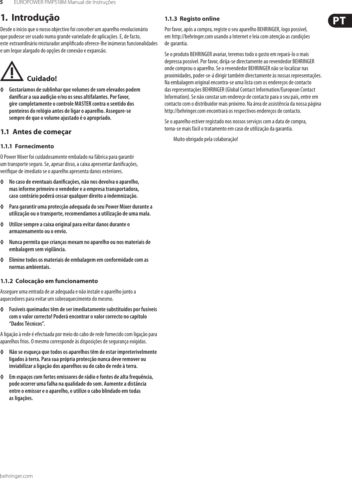 Page 5 of 11 - EUROPOWER PMP518M Behringer User Manual (Portuguese) P0672 M PT