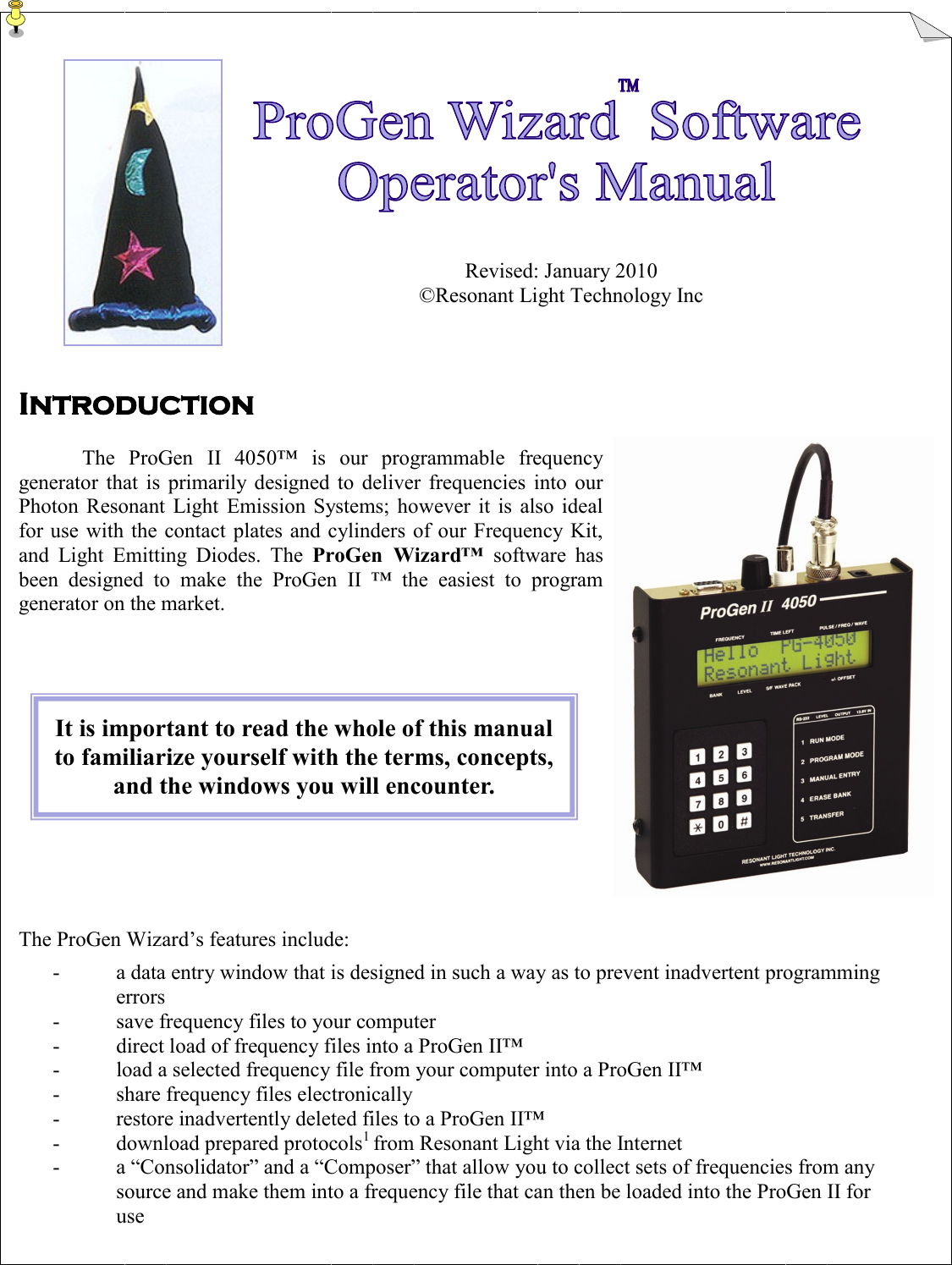 Pro Gen Wizard Operators Manual Rev Jan 2010