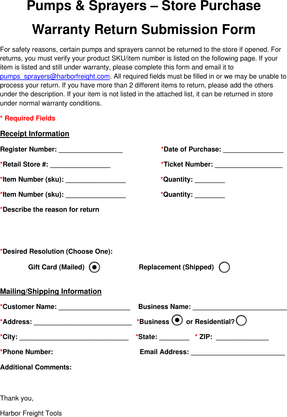 Page 1 of 2 - Return Form Pumps And Sprayers Warranty Formv3
