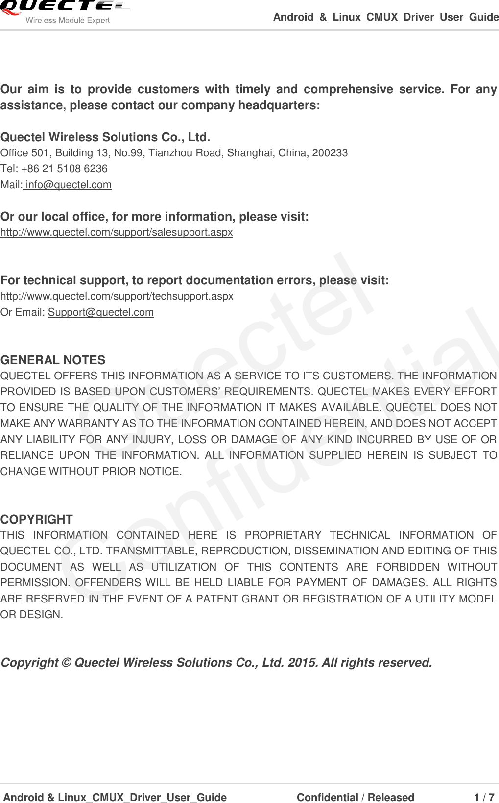 Page 2 of 8 - Quectel Android&Linux CMUX Driver User Guide V1.1