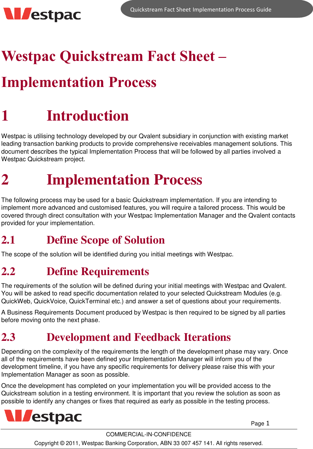 Page 1 of 3 - Quickstream Fact Sheet - Implementation Process Guide