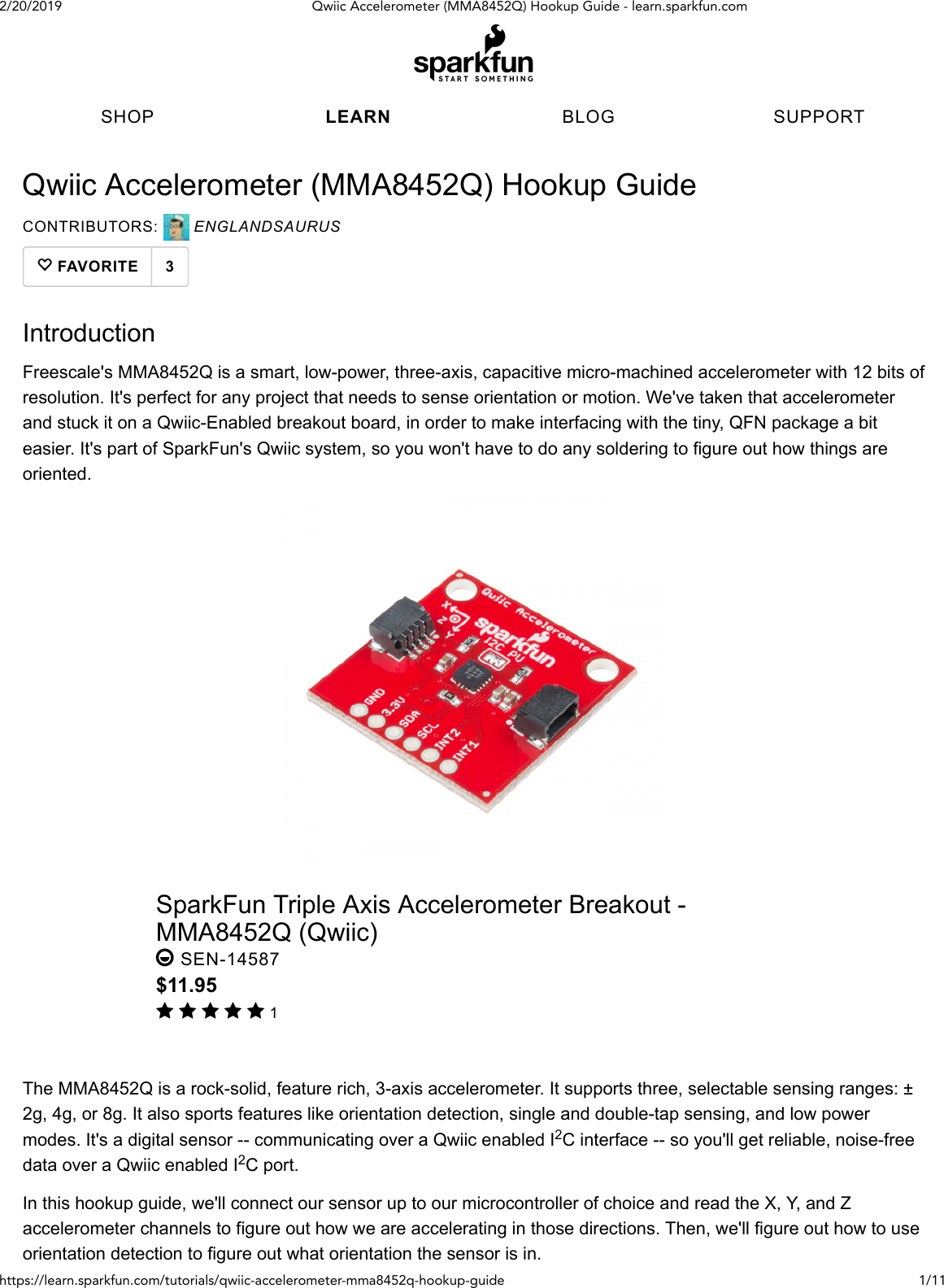 Page 1 of 11 - Qwiic Accelerometer (MMA8452Q) Hookup Guide - Learn.sparkfun.com