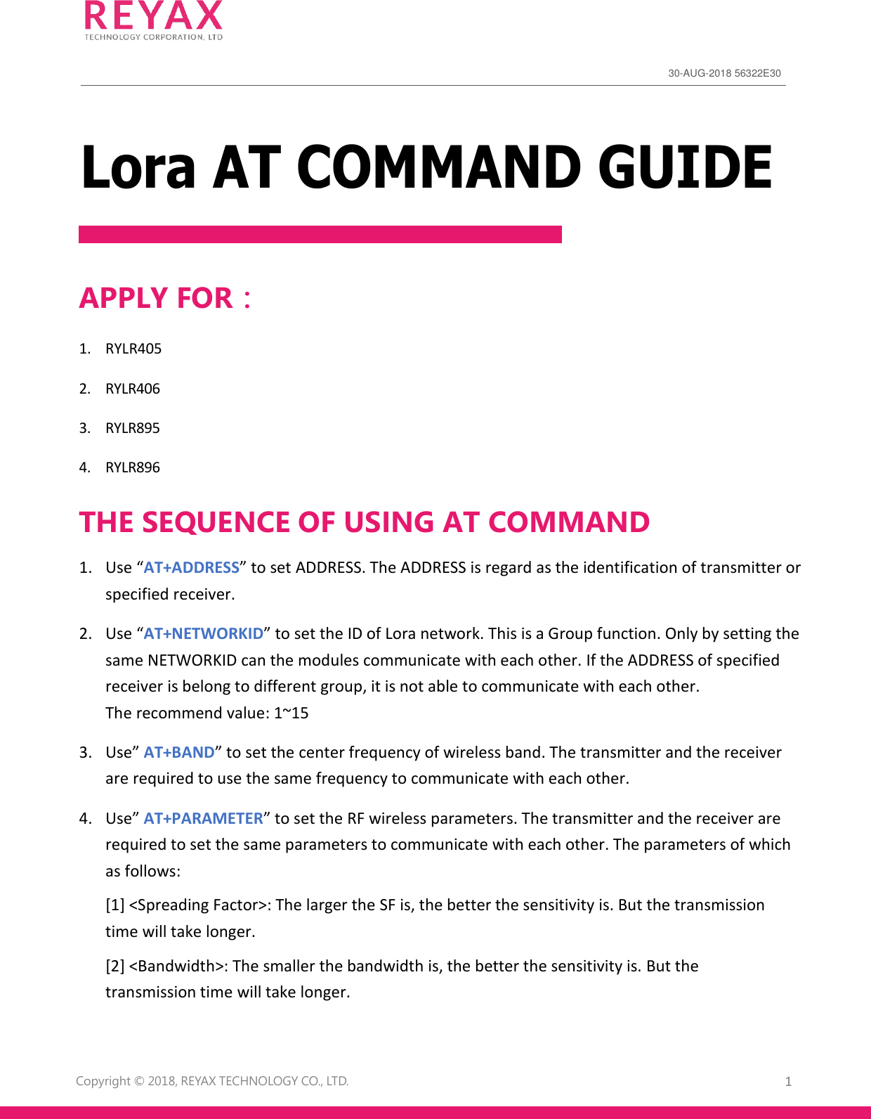 Page 1 of 9 - REYAX-Lora AT COMMAND GUIDE EN