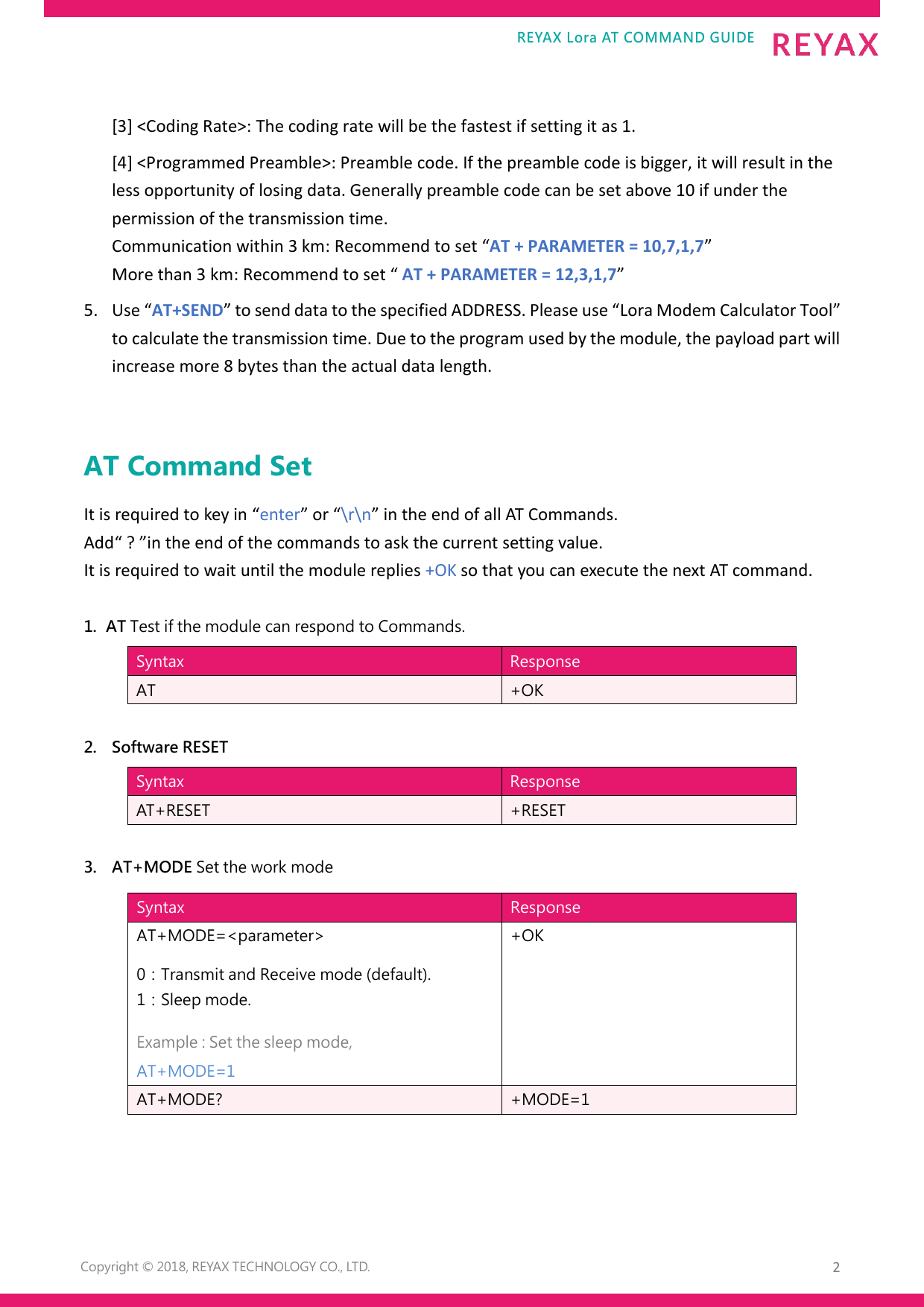 Page 2 of 9 - REYAX-Lora AT COMMAND GUIDE EN