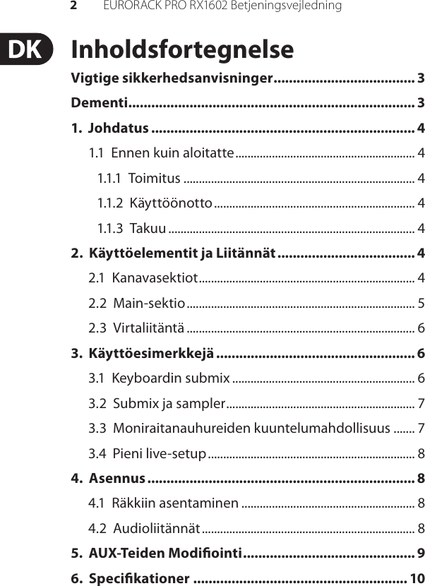 Page 2 of 11 - P0206 (RX1602) Behringer RX1602 User Manual (Danish) M DK