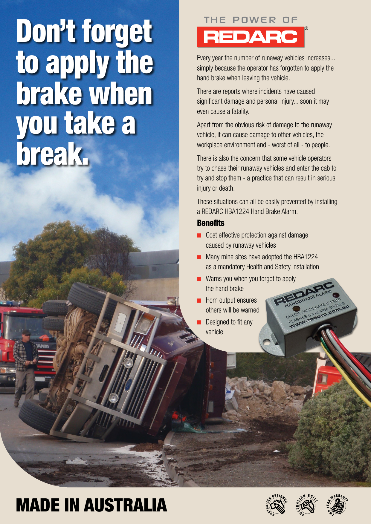 Page 1 of 2 - Handbrake Alarm (HBA) Redarc Brochure - HBA1224