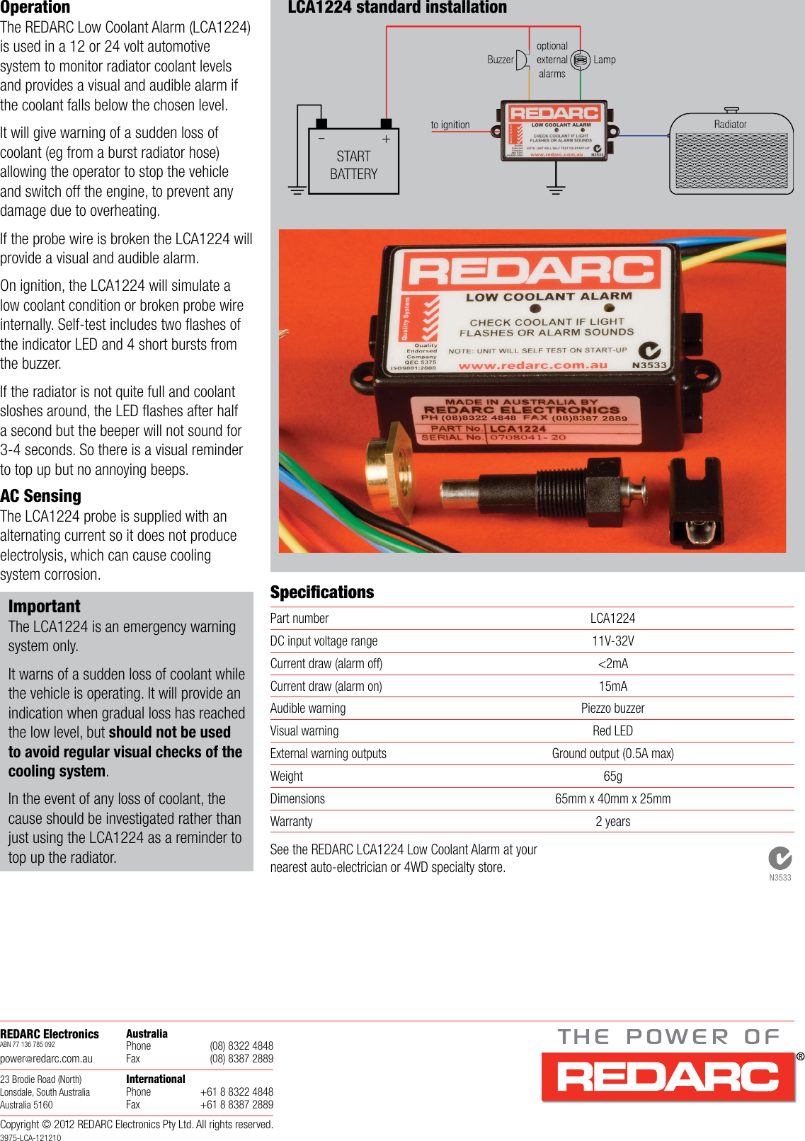 Page 2 of 2 - Low Coolant Alarm (LCA) Redarc Brochure - LCA1224