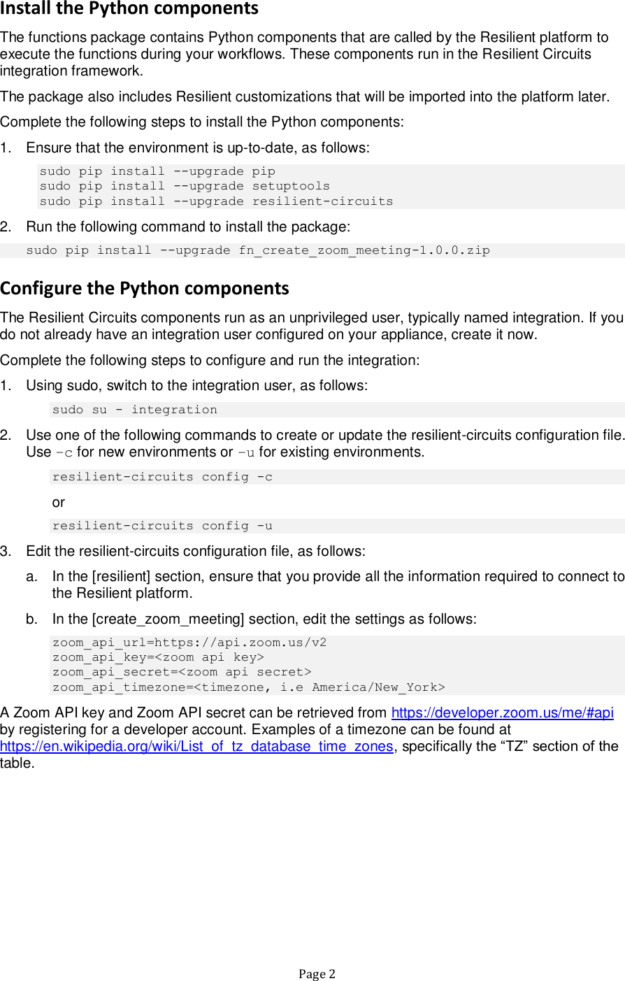 Page 2 of 8 - Resilient IRP Integrations Create Zoom Meeting Function Guide