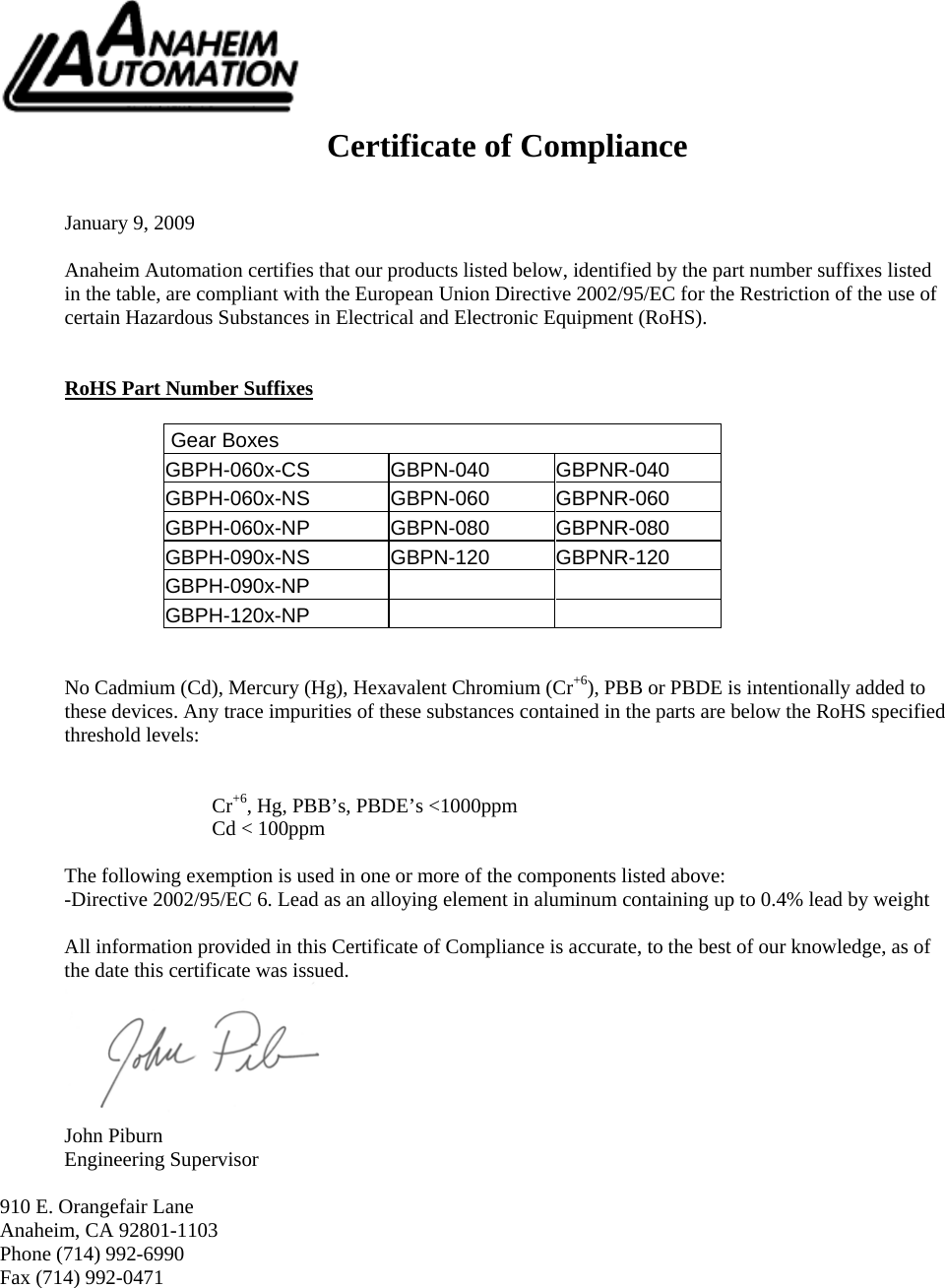 Page 1 of 1 - RoHS Compliance - Gearboxes Ro HS